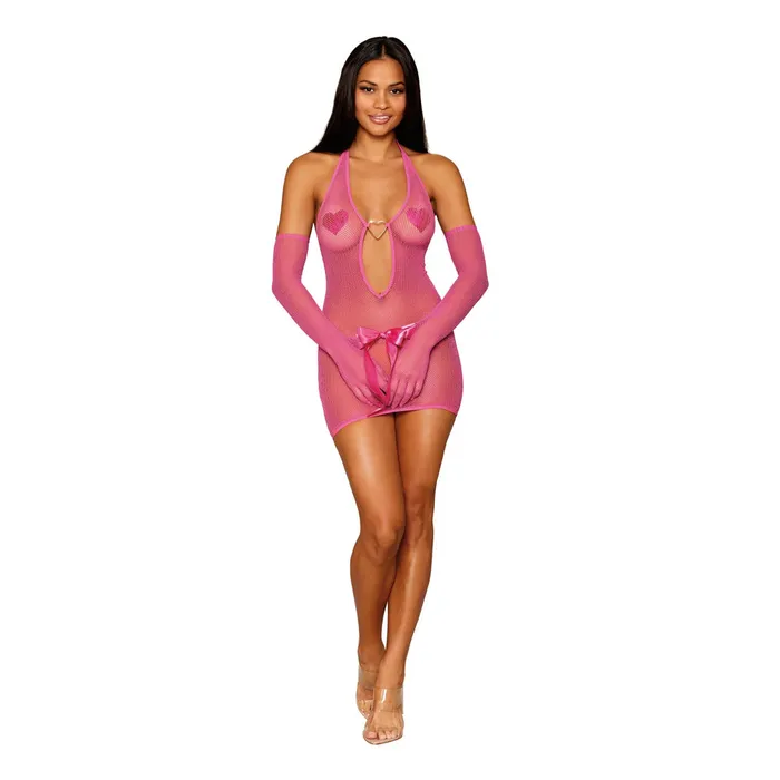 DREAMGIRL Vibrators Dreamgirl Metallic Fishnet Seamless Chemise Matching Glove Restraints Peony 13094