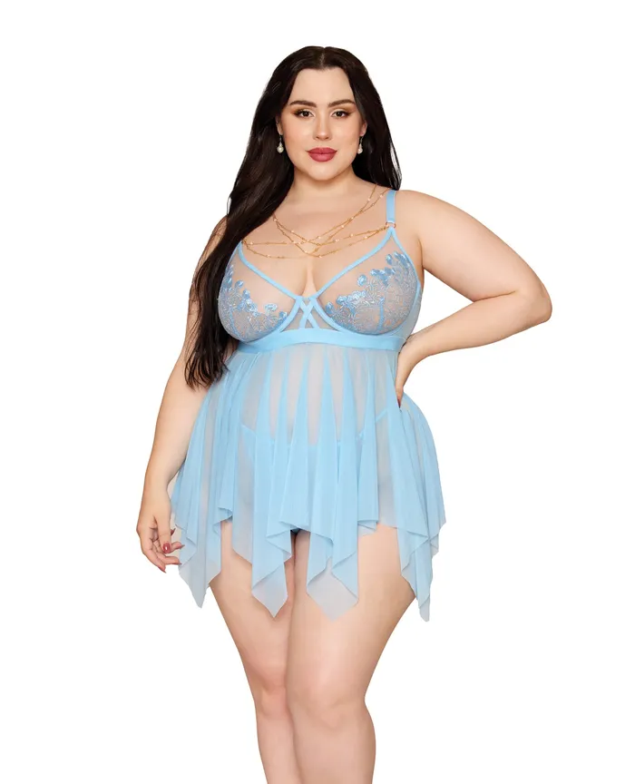 Floral Embroidered Lace and Stretch Mesh Babydoll wGString 2 pc Set Arctic Blue 1X Dreamgirl International Anal Floral Embroidered Lace and Stretch Mesh Babydoll wGString 2 pc Set Arctic Blue 1X Dreamgirl International Anal