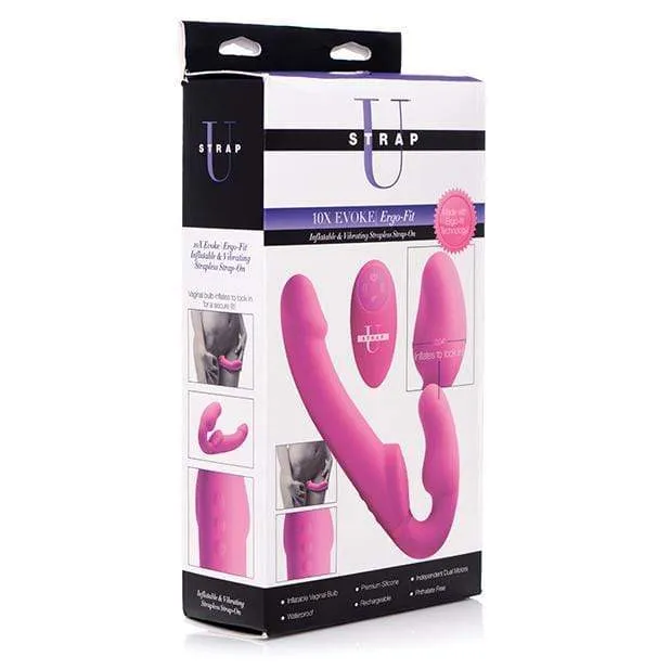 Strap U Female Sex Toys Strap U 10X Evoke Ergo Fit Inflatable and Vibrating Strapless Strap On Dildo with Remote Pink