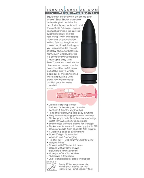 Open Desires Zero Tolerance Shell Shock Rechargeable Vibrating Stroker BlackFlesh Male Sex Toys
