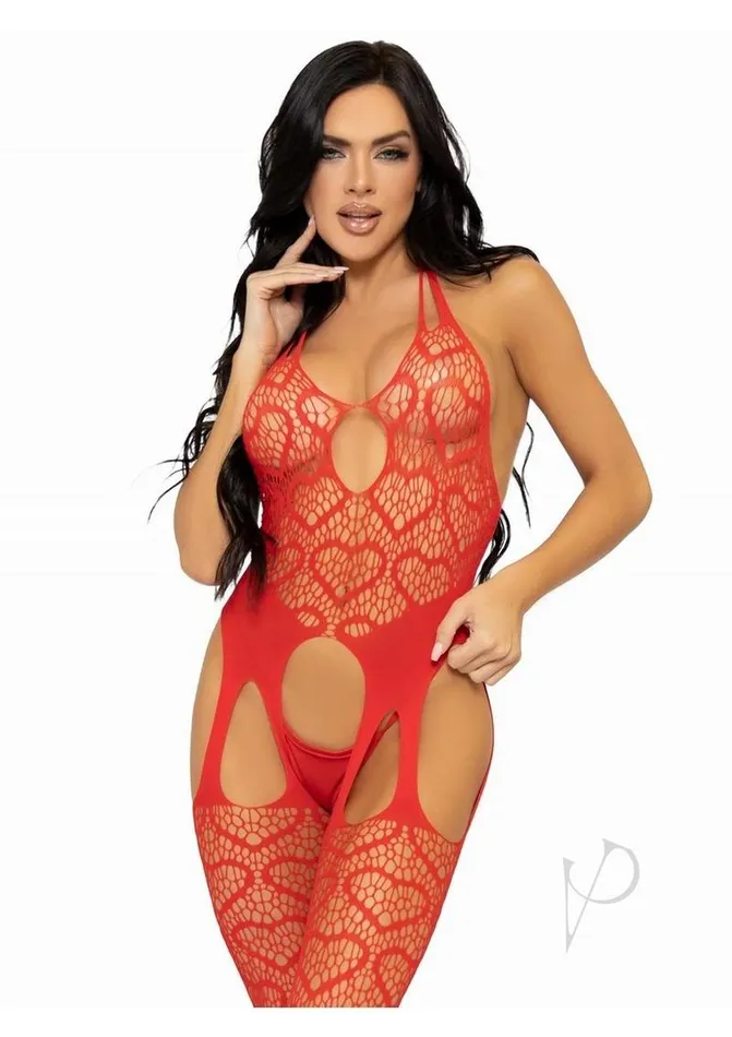 Anal Leg Avenue Seamless Heart Net Suspender Bodystocking OS Red Leg Avenue