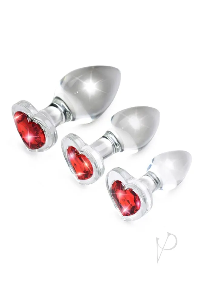 Booty Sparks Anal Booty Sparks Red Heart Gem Glass Plug Set 3pc SML RedClear