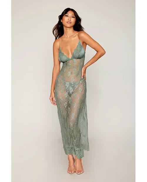 Dreamgirl Vibrators Eyelash Lace Satin Long Chemise wGString Sage Green MD Dreamgirl Vibrators Eyelash Lace Satin Long Chemise wGString Sage Green MD