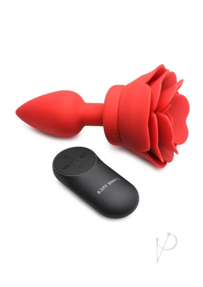 Male Sex Toys Booty Sparks Booty Sparks 28X Rechargeable Silicone Vibrating Rose Anal Plug with Remote Control Small Red