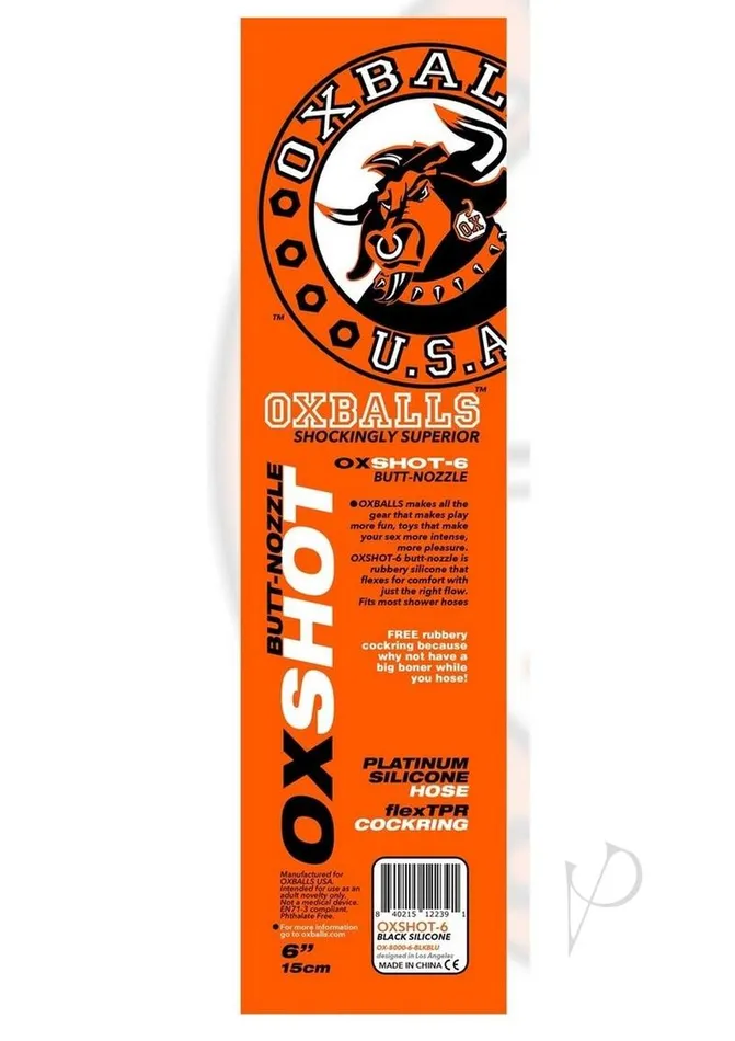 Oxballs Oxshot Silicone Butt Nozzle Shower Hose and Cock Ring 6in BlackBlue Oxballs Male Sex Toys