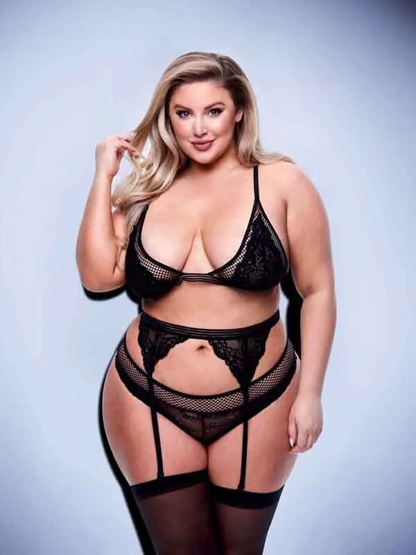 Female Sex Toys Baci Baci 3pc Lace Mesh Bra Garter Panty SetBLK Q BX