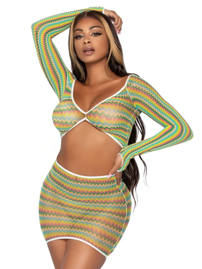 Leg Avenue 2 Pc Zig Zag Net Crop Top and Mini Dress One Size Green Vibrators