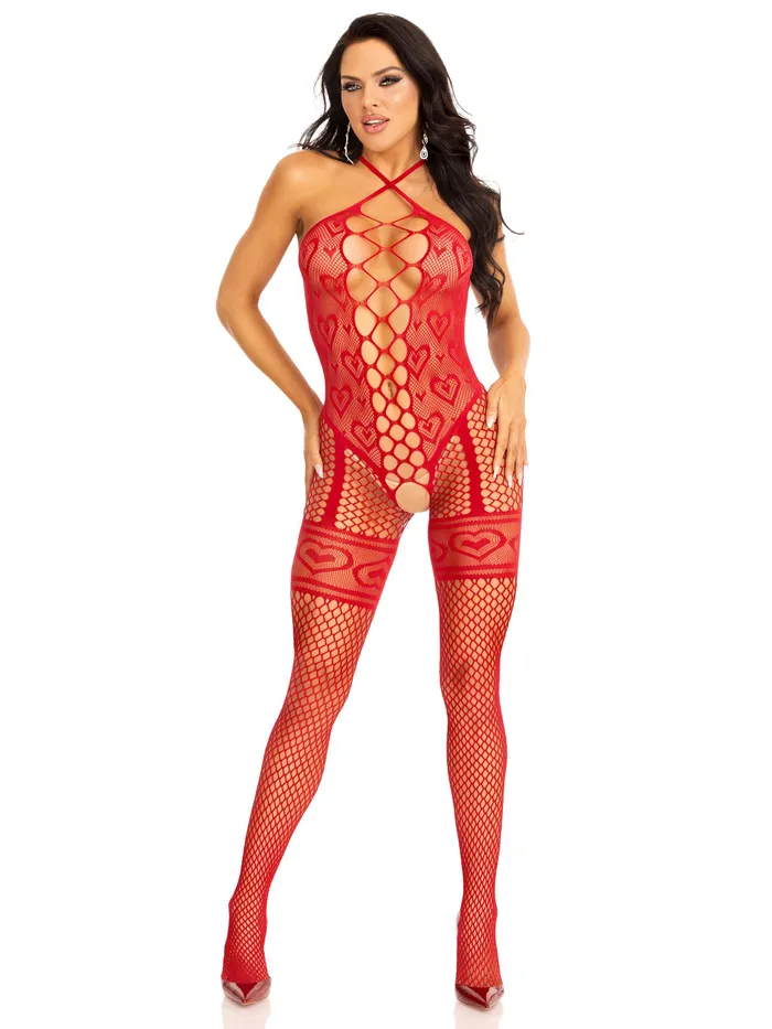 Leg Avenue Bodystockings Playsuits Heart Net Halter Bodystocking One Size Red Leg Avenue Bodystockings Playsuits Heart Net Halter Bodystocking One Size Red