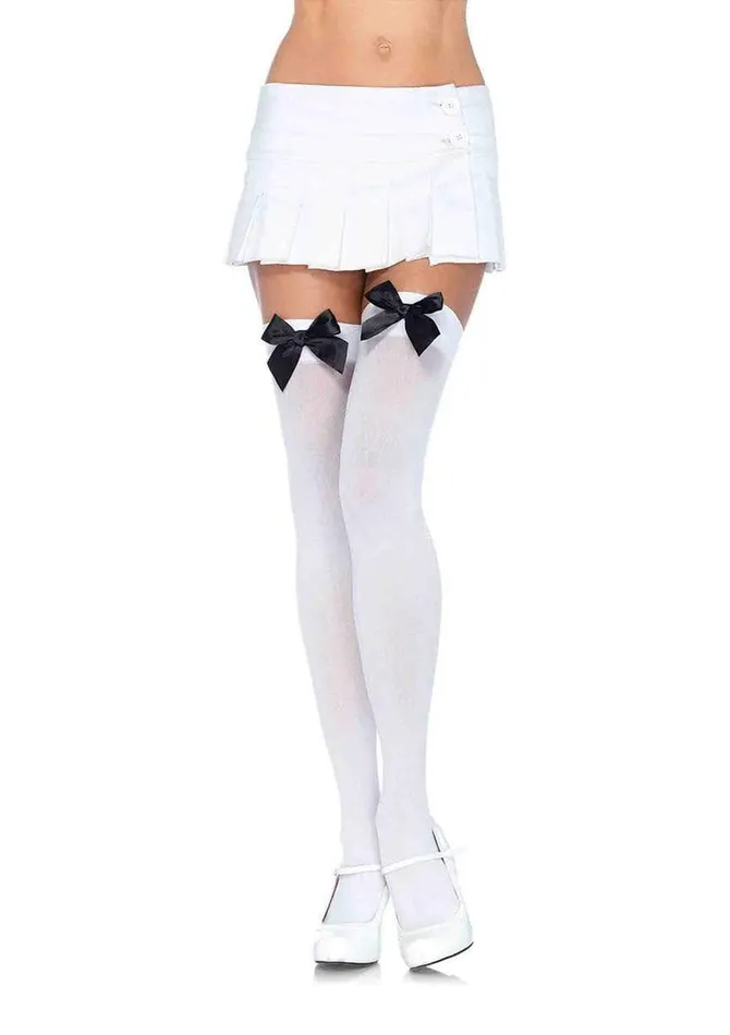 Leg Avenue Nylon Thigh Highs With Bow One Size White Black Bodystockings Playsuits Leg Avenue Nylon Thigh Highs With Bow One Size White Black Bodystockings Playsuits