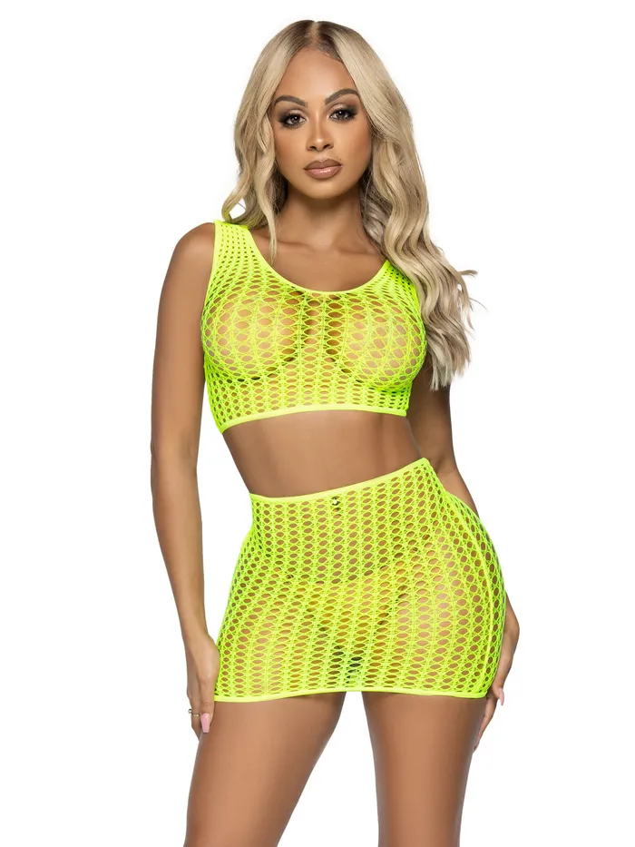 Leg Avenue Teddies And Bodies 2 Pc Crochet Net Crop Top and Mini Skirt One Size Neon Yellow Leg Avenue Teddies And Bodies 2 Pc Crochet Net Crop Top and Mini Skirt One Size Neon Yellow