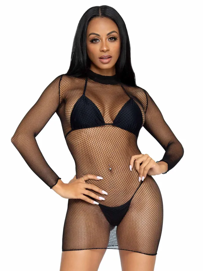 Male Sex Toys Leg Avenue Ultra Net Long Sleeve High Neck Mini Dress One Size Black