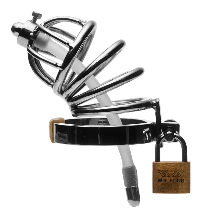 Stainless Steel Chastity Cage With Silicone Urethral Plug XR Brands Master Series Male Sex Toys Stainless Steel Chastity Cage With Silicone Urethral Plug XR Brands Master Series Male Sex Toys