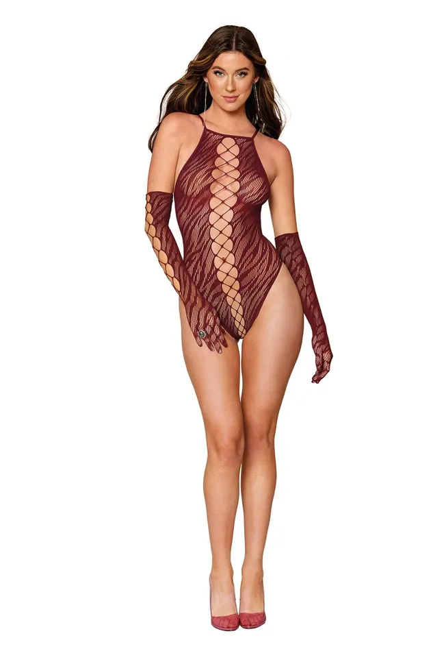 Teddies And Bodies Dreamgirl Teddy and Gloves One Size Burgundy